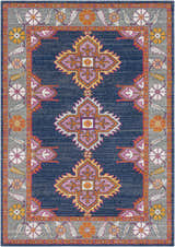 Detailed view of the Kaitlyn Navy Area Rug featuring a bohemian pattern with floral borders. Design-Rectangle-5373