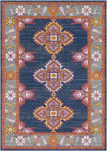 Detailed view of the Kaitlyn Navy Area Rug featuring a bohemian pattern with floral borders. Design-Rectangle-5373