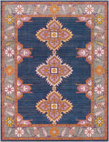 Detailed view of the Kaitlyn Navy Area Rug, featuring a bohemian floral and geometric pattern in navy, orange, and gray. Design-Rectangle-710103