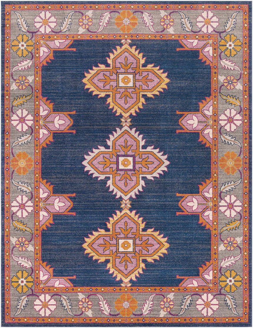 Detailed view of the Kaitlyn Navy Area Rug, featuring a bohemian floral and geometric pattern in navy, orange, and gray. Design-Rectangle-710103