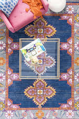 Overhead shot of a living room with a Kaitlyn Navy Area Rug, pink chair, and glass coffee table. Styleshot