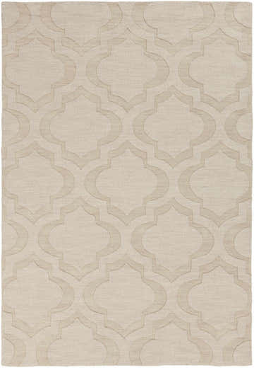 Close-up of the Kake Carpet. Tan wool rug with a contemporary, geometric quatrefoil pattern. Hand-loomed texture. Design-Rectangle-576