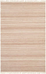 Close-up of Kalinga Red/Cream Flatweave Wool Rug featuring brick red and cream stripes with geometric patterns and fringe. Design-Rectangle-58