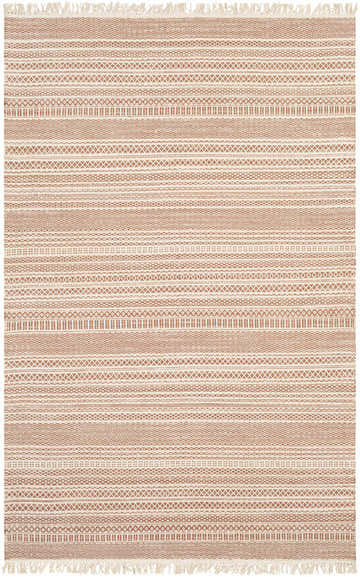 Close-up of Kalinga Red/Cream Flatweave Wool Rug featuring brick red and cream stripes with geometric patterns and fringe. Design-Rectangle-58