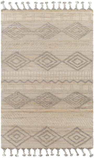 Close-up of the hand woven Kanata Jute&Wool Area Rug. Tan jute and gray wool diamond pattern with tassels. Design-Rectangle-576