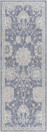 Close-up of the Kanimbla Thick Luxe Avant Garde Rug; a traditional rug with beige, blue, and gray floral patterns. Design-Runner-2773
