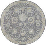 Close-up of a round Kanimbla Thick Luxe Avant Garde Rug. Features a traditional floral pattern in beige, blue, and gray tones. Design-Round-67