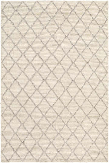 Close-up of hand woven Kanopolis Carpet. Cream wool rug with a medium gray diamond pattern. Contemporary style. Design-Rectangle-576