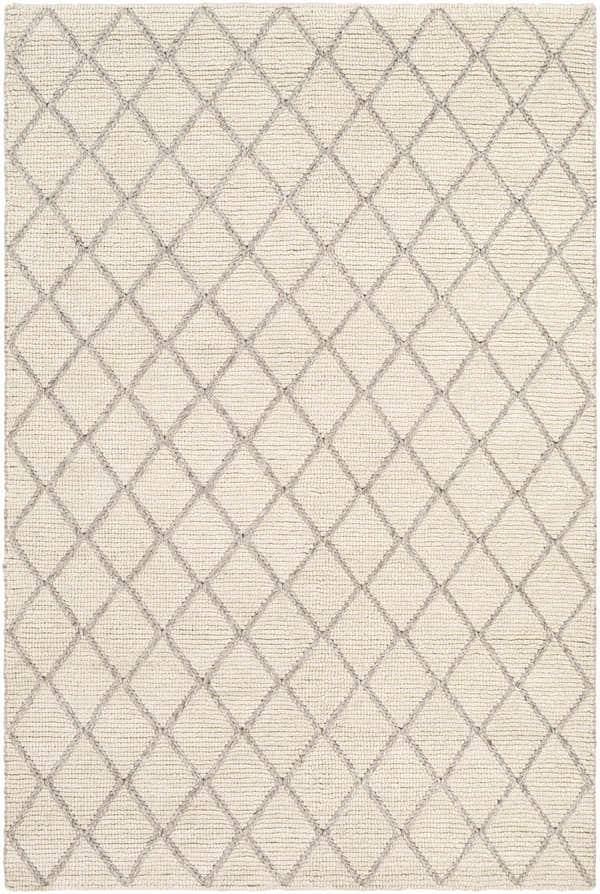 Close-up of hand woven Kanopolis Carpet. Cream wool rug with a medium gray diamond pattern. Contemporary style. Design-Rectangle-576