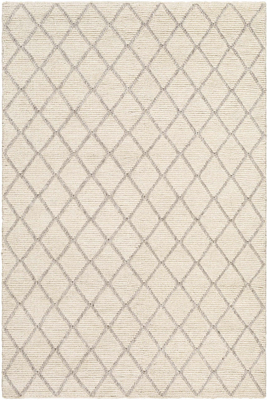Close-up of hand woven Kanopolis Carpet. Cream wool rug with a medium gray diamond pattern. Contemporary style. Design-Rectangle-576