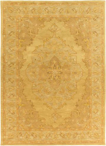 Close-up of the Kapowsin Wool Area Rug, showcasing its traditional, oriental design and beige, brown, and yellow color palette. Design-Rectangle-811