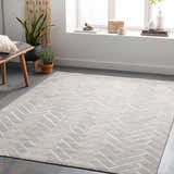 Scandinavian-style room with a cream and light gray Karacasu Area Rug featuring a herringbone pattern. Bench, plants, and window. Roomscene-Rectangle