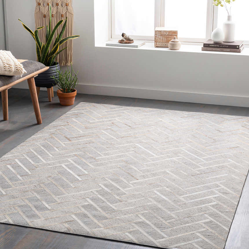 Scandinavian-style room with a cream and light gray Karacasu Area Rug featuring a herringbone pattern. Bench, plants, and window. Roomscene-Rectangle