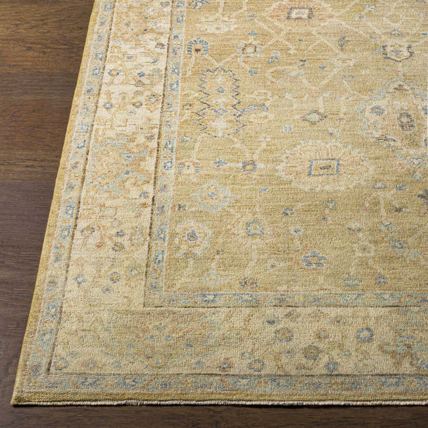 Close-up of the Karalee Handmade Wool Area Rug. Beige, olive, and blue oriental pattern on a hand-knotted wool rug. Front