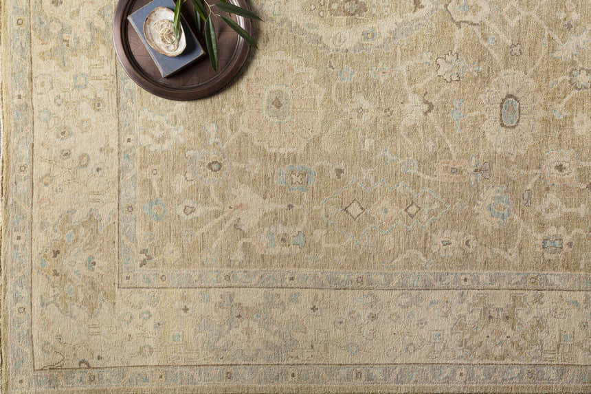 Close-up of the Karalee Handmade Wool Area Rug featuring beige, brown, and light blue traditional patterns. Styleshot