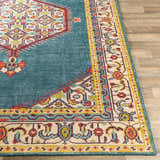 Close-up of the hand-knotted Kaser Carpet. Traditional design with teal, red, beige, and mustard colors. Farmhouse style. Front