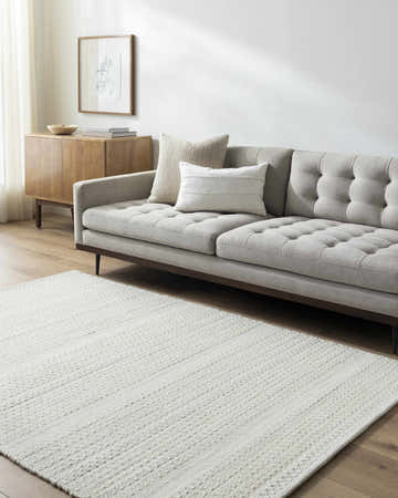 Living room scene with a light slate Kendi rug, gray sofa, and wood cabinet. Roomscene-Rectangle