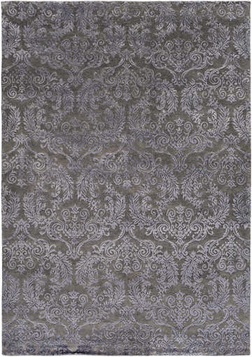 Close-up of the Kechi Area Rug. Black wool and viscose rug with a traditional floral damask pattern. Hand-knotted texture. Design-Rectangle