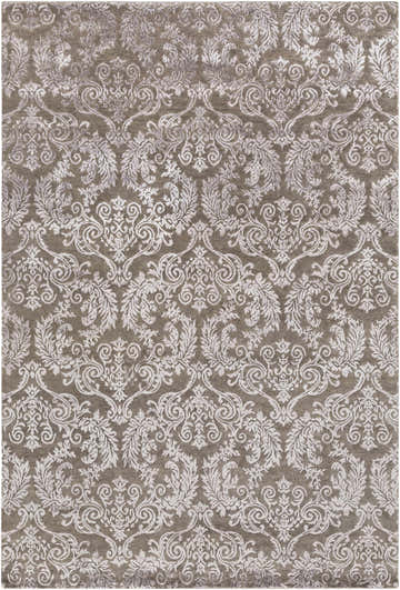 Close-up of the Keiser Area Rug in charcoal. Features a traditional damask pattern with floral and scroll details. Design-Rectangle