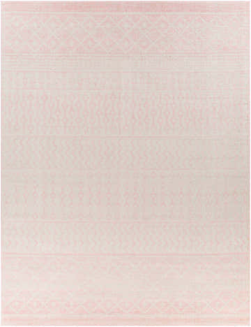 Close-up of the Constantin Blush Area Rug with a subtle bohemian diamond and zigzag pattern in blush and light gray. Design-Rectangle-710103
