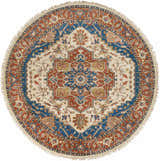 Overhead view of a round Kekaha Clearance Rug in blue, burnt orange, and tan with a traditional, hand-knotted design. Design-Round-8
