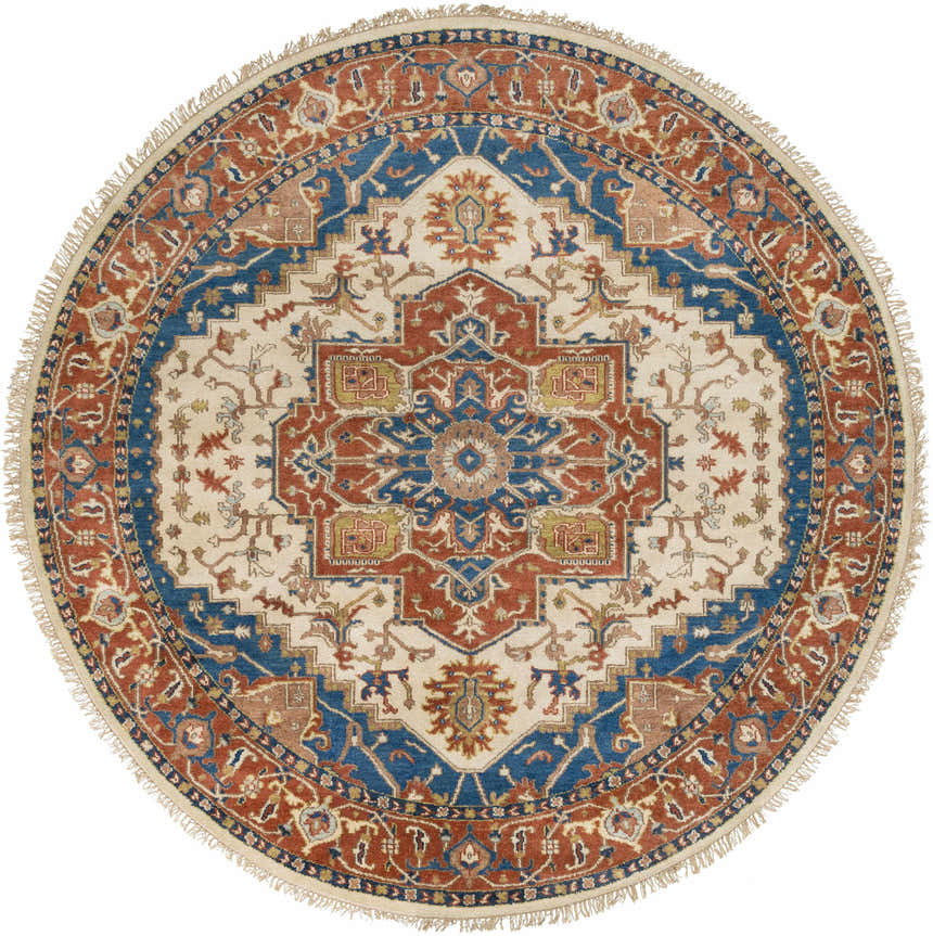 Overhead view of a round Kekaha Clearance Rug in blue, burnt orange, and tan with a traditional, hand-knotted design. Design-Round-8