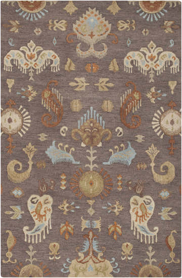 Close-up of the Kelty Area Rug. Hand-hooked wool rug in beige, burnt orange, gray, and blue with a traditional pattern. Design-Rectangle-58