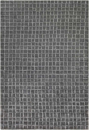 Close-up of the Kenesaw Clearance Rug. Charcoal viscose rug with a contemporary white geometric square pattern. Design-Rectangle-69