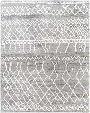 Close-up of the Kessingland Area Rug. Gray rug with a white geometric bohemian pattern. Design-Rectangle-71010