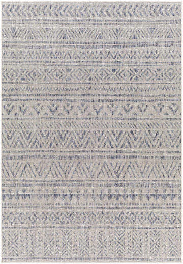 Close-up of Novato Gray rug featuring a blue and gray all-over bohemian pattern. Machine woven texture. Design-Rectangle-5377