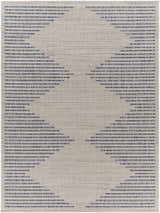 Close-up of the Khandallah Area Rug featuring a geometric pattern in cream and navy hues. Machine woven texture. Design-Rectangle-537