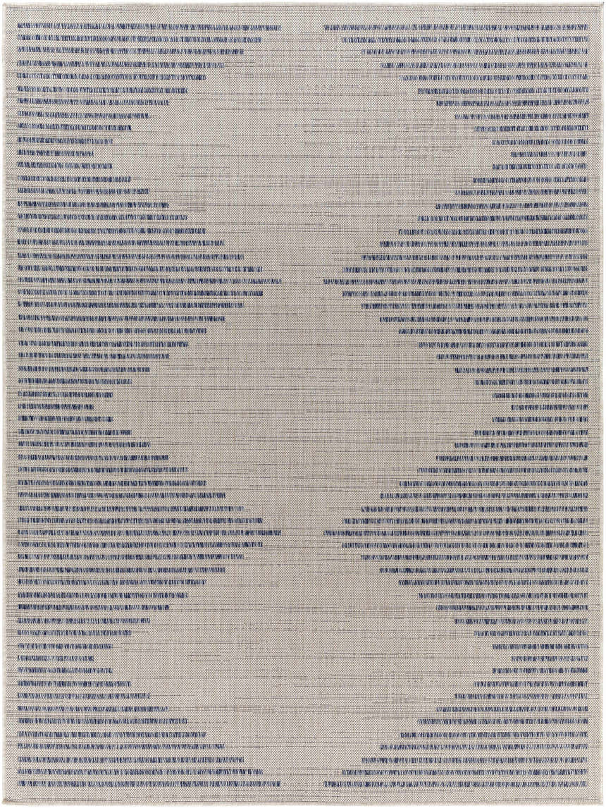 Close-up of the Khandallah Area Rug featuring a geometric pattern in cream and navy hues. Machine woven texture. Design-Rectangle-537