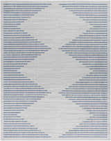 Close-up of the Khandallah Area Rug, featuring a geometric pattern in cream, gray, and navy. Machine-woven texture. Design-Rectangle-71010