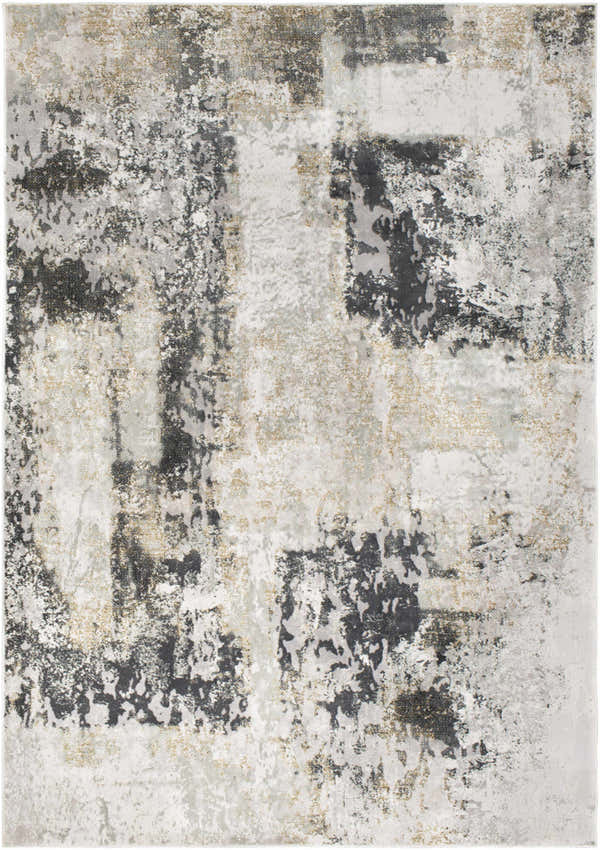 Close-up of the Kiana Area Rug featuring a contemporary abstract design in shades of gray, black, and gold. Design-Rectangle-5373