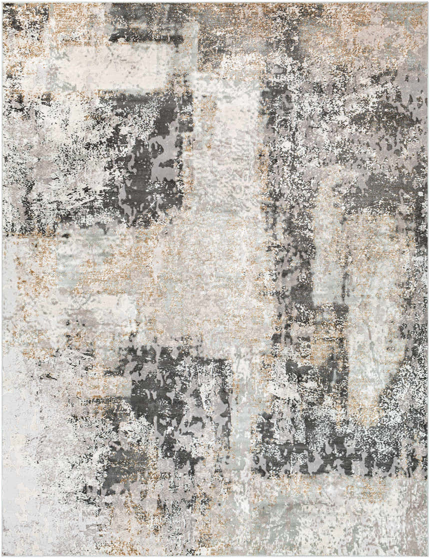 Close-up of the Kiana Area Rug showcasing its contemporary, abstract design in shades of gray, white, and gold. Design-Rectangle-710103