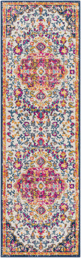 Close-up of the Kialla Magenta & Burnt Orange Area Rug, a colorful traditional rug with floral and medallion patterns. Design-Runner-2373