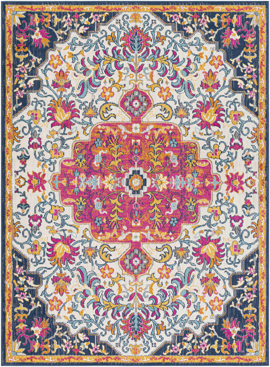 Detailed Kialla Magenta & Burnt Orange Area Rug with floral pattern in fuchsia, orange, blue, and yellow on a light beige background. Design-Rectangle-537
