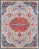 Detailed view of the Kialla Magenta & Burnt Orange Area Rug. Bohemian style with floral patterns in fuchsia, orange, and navy. Design-Rectangle-71010