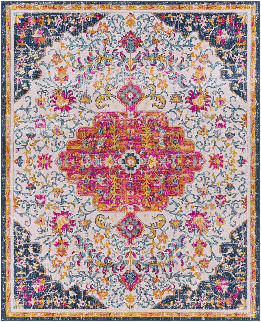 Detailed view of the Kialla Magenta & Burnt Orange Area Rug. Bohemian style with floral patterns in fuchsia, orange, and navy. Design-Rectangle-71010