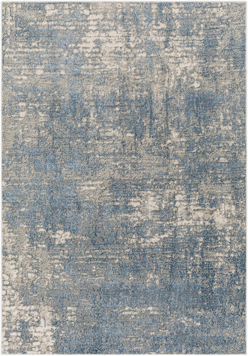 Close-up of the Kiblawan Teal Abstract Area Rug, showing its cream, gray, and teal textured design. Design-Rectangle-5373
