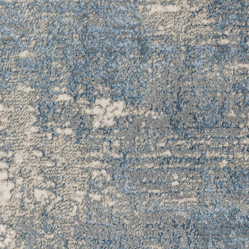Close-up of the Kiblawan Teal Abstract Area Rug, showing cream, gray, and teal textured design. Swatch