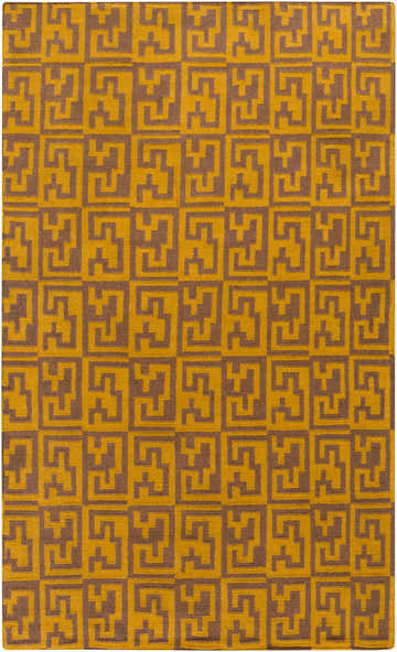 Close-up of the Kimberton Area Rug. Hand-woven wool rug in dark brown and mustard geometric pattern. Design-Rectangle-58