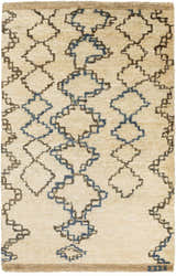 Close-up of Kinards Jute Carpet. Hand-knotted rug in beige with dark blue and ink blue geometric pattern. Farmhouse style. Design-Rectangle-38