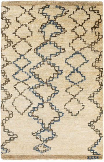 Close-up of Kinards Jute Carpet. Hand-knotted rug in beige with dark blue and ink blue geometric pattern. Farmhouse style. Design-Rectangle-38