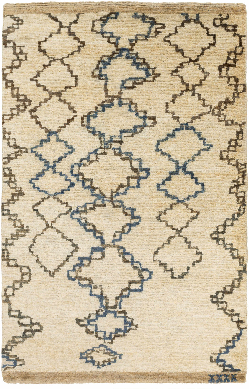 Close-up of Kinards Jute Carpet. Hand-knotted rug in beige with dark blue and ink blue geometric pattern. Farmhouse style. Design-Rectangle-38