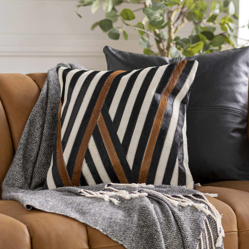 Tavren Brown Black and Ivory Diagonal Stripe Rustic Hair On Hide Accent Pillow - Clearance