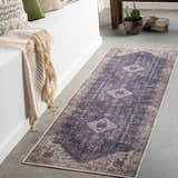 Entryway with Kittrell Vintage Flat Pile Washable Rug runner in plum, beige, and brick red. Bohemian style rug on concrete floor. Roomscene-Runner