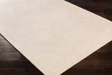 Close-up of the hand-loomed Klickitat Area Rug in peach and white, showing the subtle texture on dark wood floors. Corner