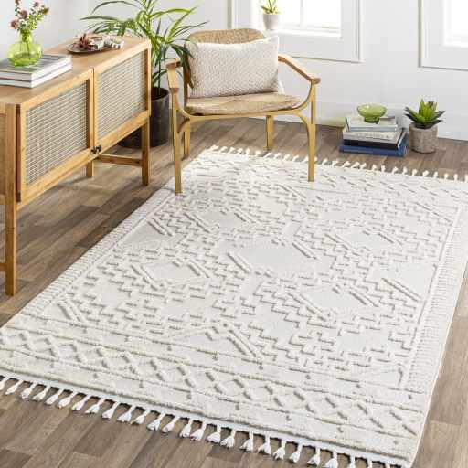 Entryway scene with ivory Kalkan High/Low Pile Rug. Farmhouse style with tassels, wood floors, chair, and cabinet. Roomscene-Rectangle