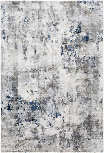 Close-up of the Killara Faux Silk Rug. Abstract design in blue, charcoal, light gray, and off white. Machine woven texture. Design-Rectangle